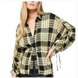 Free People Pacific Dawn Green Black Plaid Wool Blend Blouse Sz XS